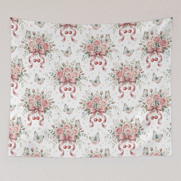 Item preview, Vintage Coquette Floral Cherry Bows Seamless Pattern designed and sold by CozyPaletteShop.