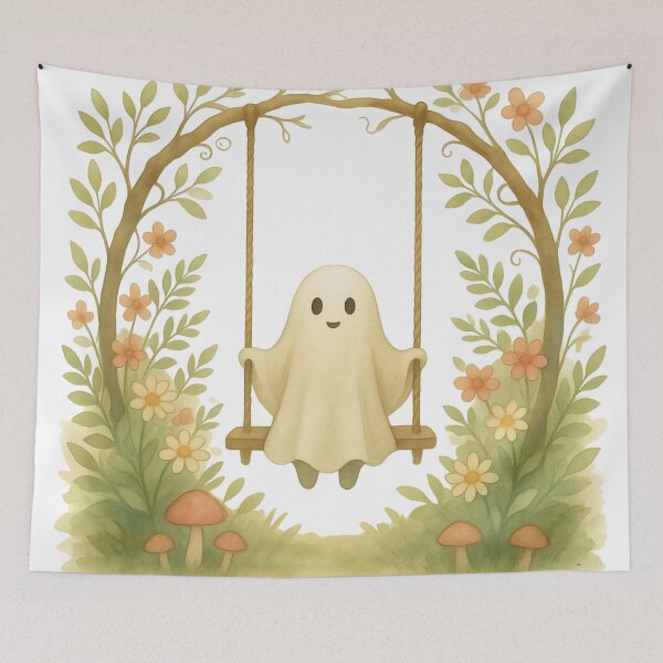 Item preview, Cute Ghost on a Tree Swing - Whimsical Cottagecore Illustration designed and sold by RAJASWARSTORE.