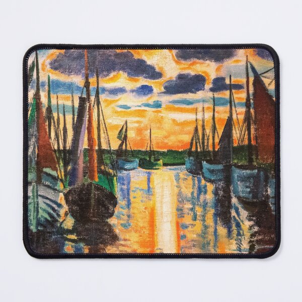 Item preview, Purple twilight in the harbor sailboats nautical art marina seascape painting oil on canvas print by Hermann Max Pechstein designed and sold by Jéanpaul Ferro.
