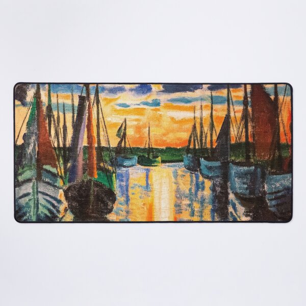Item preview, Purple twilight in the harbor sailboats nautical art marina seascape painting oil on canvas print by Hermann Max Pechstein designed and sold by Jéanpaul Ferro.