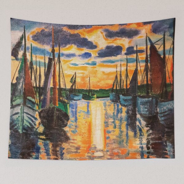 Item preview, Purple twilight in the harbor sailboats nautical art marina seascape painting oil on canvas print by Hermann Max Pechstein designed and sold by Jéanpaul  Ferro.