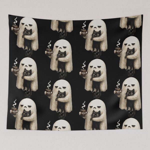 Item preview, Retro Funny Ghost Holding Black Cat With Coffee designed and sold by thefirstbroo.