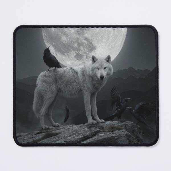 Item preview, White Wolf Surrounded by Ravens Under the Moon designed and sold by JanjjaSoulInk.