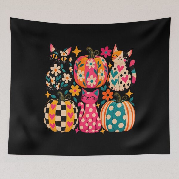 Item preview, Colorful Cats and Patterned Pumpkins Autumn Illustration designed and sold by AmiGraph.