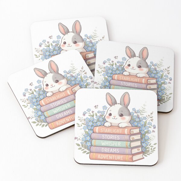 Item preview, Kawaii Rabbit Reading Stack of Books with Blue Flowers designed and sold by Wildlife Wonders.