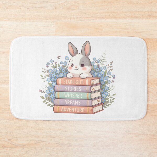 Item preview, Kawaii Rabbit Reading Stack of Books with Blue Flowers designed and sold by Wildlife Wonders.