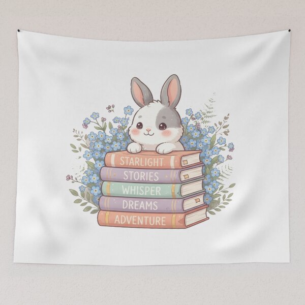 Item preview, Kawaii Rabbit Reading Stack of Books with Blue Flowers designed and sold by Wildlife Wonders.
