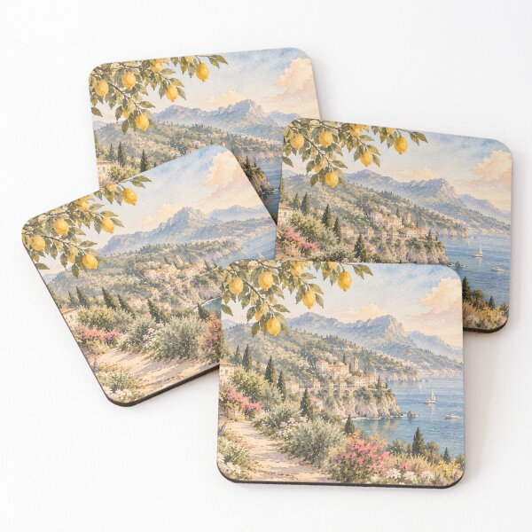 Item preview, Coastal Mediterranean Watercolour Landscape with Lemon Tree designed and sold by Jozefin's Studio.