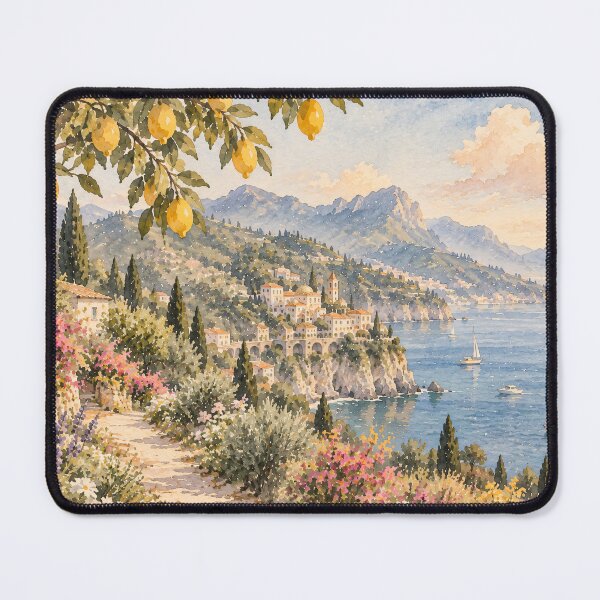 Item preview, Coastal Mediterranean Watercolour Landscape with Lemon Tree designed and sold by Jozefin's Studio.