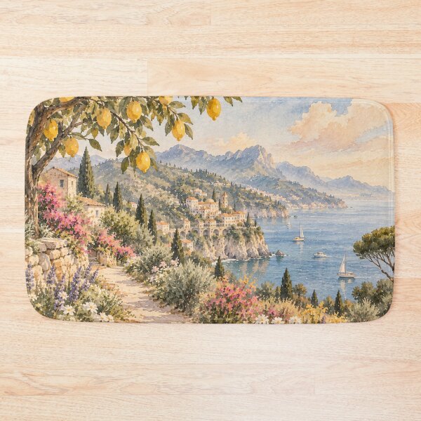 Item preview, Coastal Mediterranean Watercolour Landscape with Lemon Tree designed and sold by Jozefin's Studio.