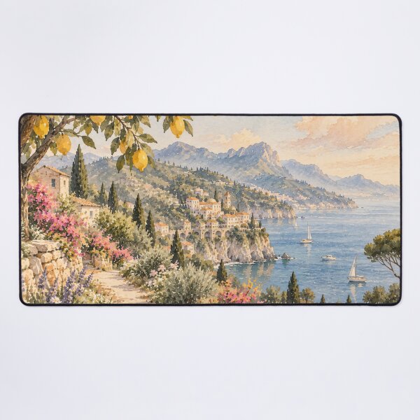 Item preview, Coastal Mediterranean Watercolour Landscape with Lemon Tree designed and sold by Jozefin's Studio.