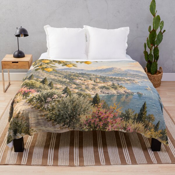 Item preview, Coastal Mediterranean Watercolour Landscape with Lemon Tree designed and sold by Jozefin's Studio.
