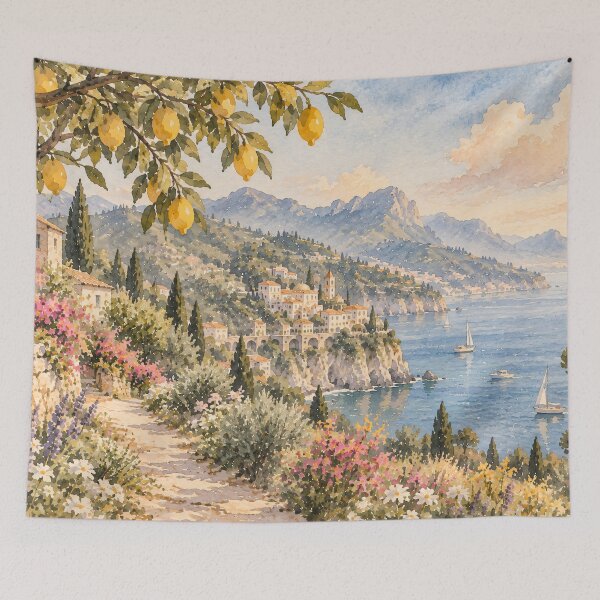Item preview, Coastal Mediterranean Watercolour Landscape with Lemon Tree designed and sold by Jozefin's Studio.