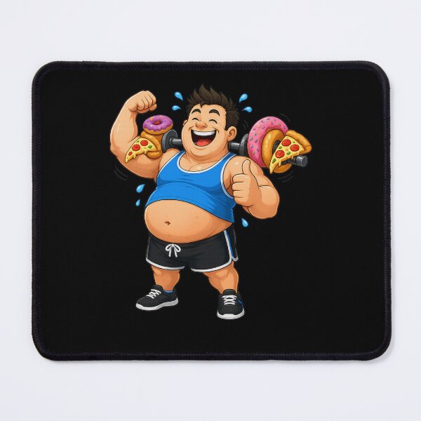 Item preview, Funny Fitness Chubby Guy Lifting Doughnut Pizza Barbell – Hilarious Gym Meme Logo designed and sold by StrongEveryDayStore.