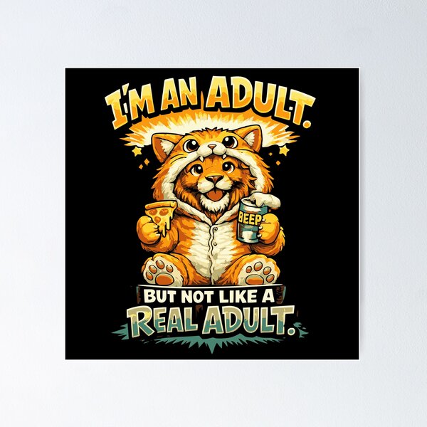 Item preview, I'm an Adult – Funny cat with pizza-related adulting humor designed and sold by FeverVoid.