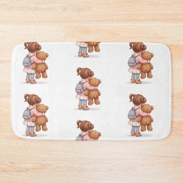 Item preview, Cute Little Girl from Behind Hugging Teddy Bear and Wearing Backpack designed and sold by KaleeDesigns.