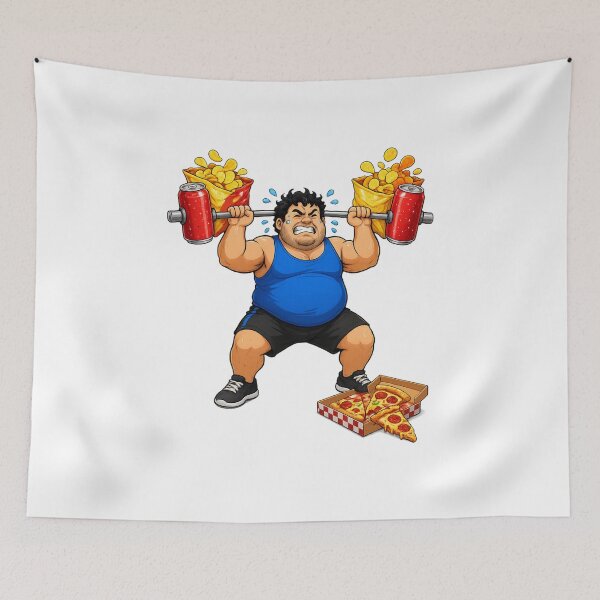 Item preview, Funny Fitness Guy Bench Pressing Soda & Chips – Hilarious Junk Food Gym Meme Logo designed and sold by StrongEveryDayStore.