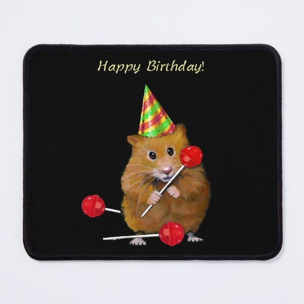 Item preview, Happy Birthday, Hamster with Party Hat and Red Lollipops on Black designed and sold by JoyfulWhimsy.