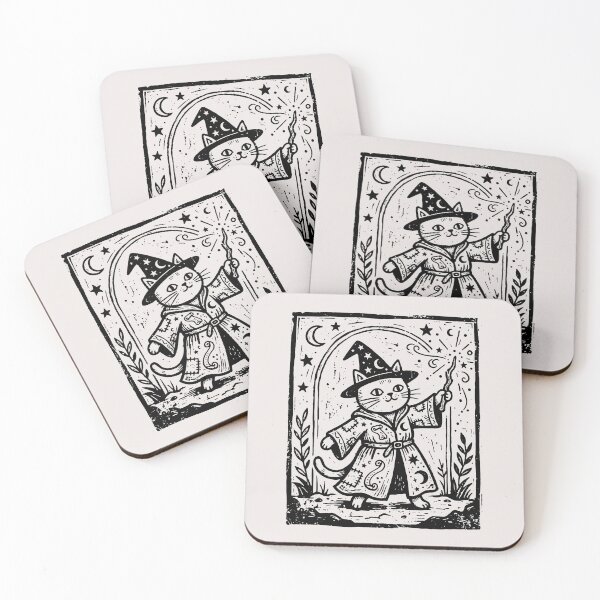 Item preview, Vintage Wizard Cat Casting Magic Spell Fantasy Linocut Art designed and sold by Cipher & Soul.