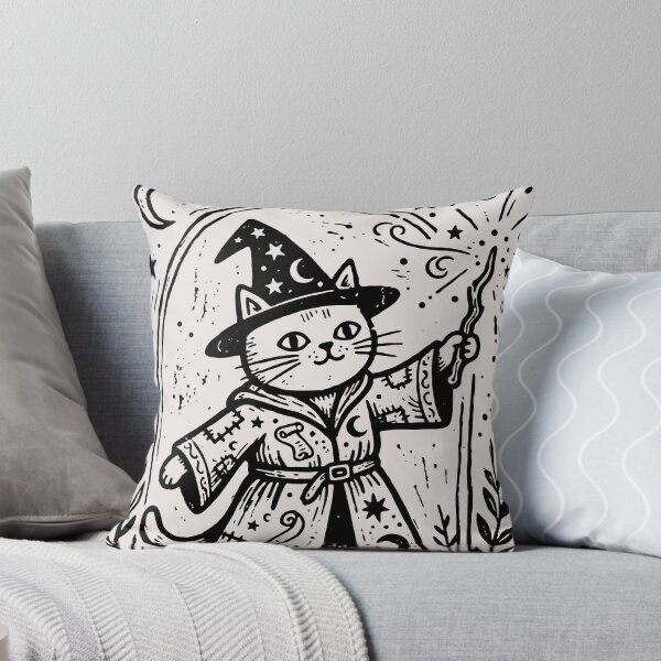 Item preview, Vintage Wizard Cat Casting Magic Spell Fantasy Linocut Art designed and sold by Cipher & Soul.