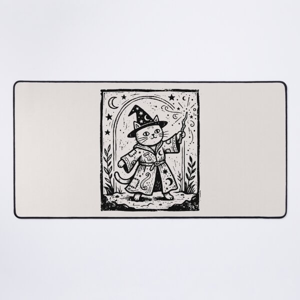 Item preview, Vintage Wizard Cat Casting Magic Spell Fantasy Linocut Art designed and sold by Cipher & Soul.