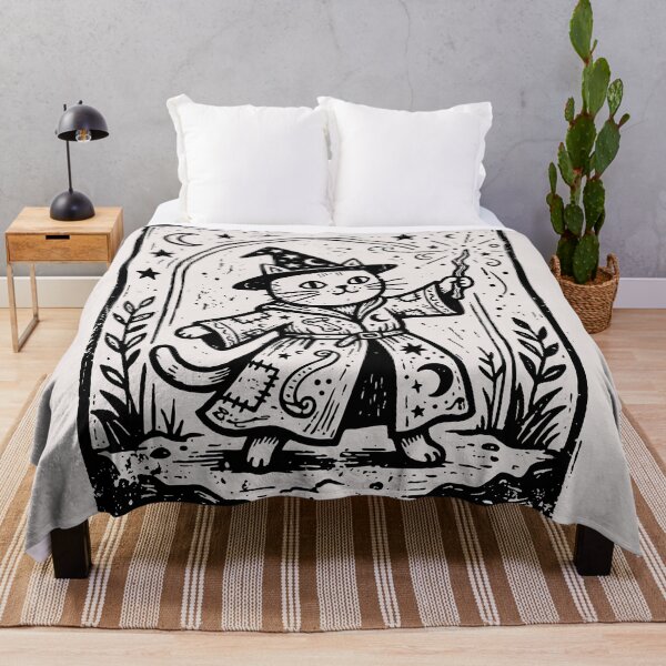 Item preview, Vintage Wizard Cat Casting Magic Spell Fantasy Linocut Art designed and sold by Cipher & Soul.