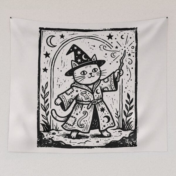 Item preview, Vintage Wizard Cat Casting Magic Spell Fantasy Linocut Art designed and sold by Cipher & Soul.