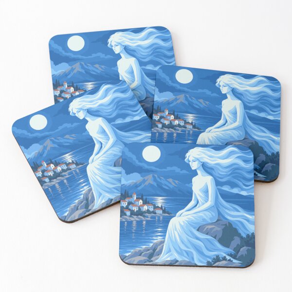 Item preview, Moonlight by the Sea Art, Mediterranean Woman Print, Blue Coastal Decor, Ethereal Woman Print, Seaside Art, Dreamy Ocean Artwork designed and sold by Studio pod Burom.