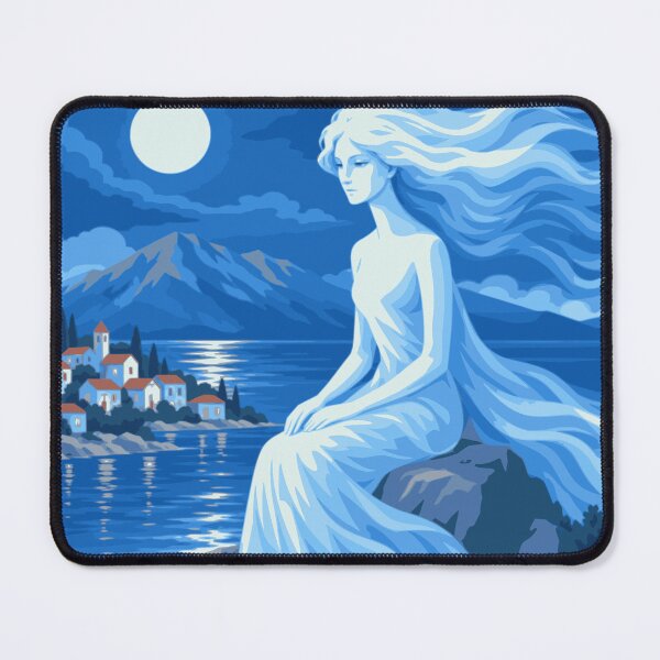 Item preview, Moonlight by the Sea Art, Mediterranean Woman Print, Blue Coastal Decor, Ethereal Woman Print, Seaside Art, Dreamy Ocean Artwork designed and sold by Studio pod Burom.