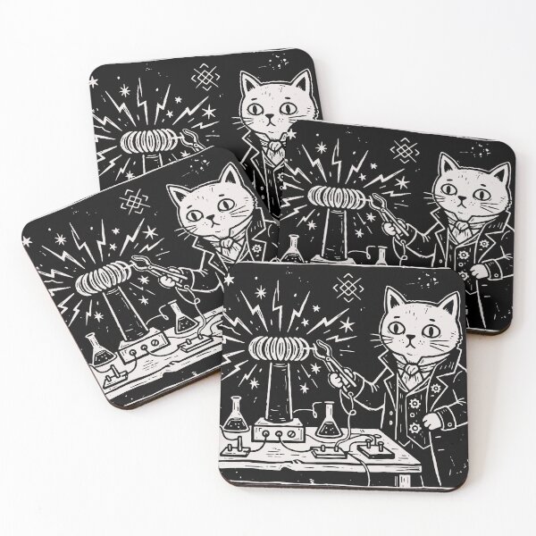 Item preview, Vintage Mad Scientist Cat Tesla Coil Steampunk Linocut Art designed and sold by Cipher & Soul.