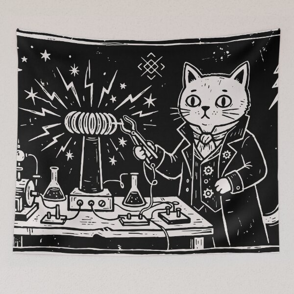 Item preview, Vintage Mad Scientist Cat Tesla Coil Steampunk Linocut Art designed and sold by Cipher & Soul.