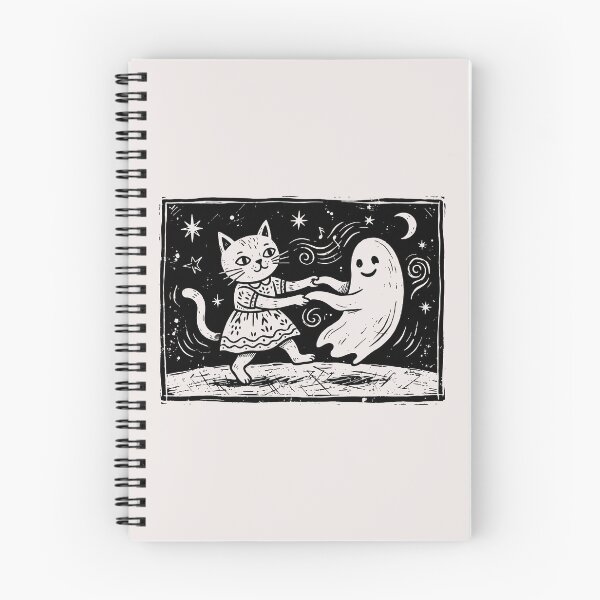 Item preview, Vintage Cat Dancing With Ghost Spooky Cute Halloween Linocut designed and sold by Cipher & Soul.