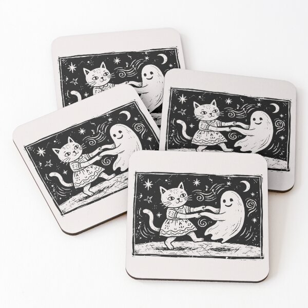 Item preview, Vintage Cat Dancing With Ghost Spooky Cute Halloween Linocut designed and sold by Cipher & Soul.