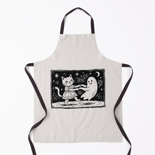 Item preview, Vintage Cat Dancing With Ghost Spooky Cute Halloween Linocut designed and sold by Cipher & Soul.