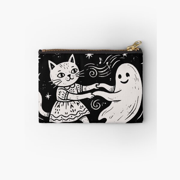 Item preview, Vintage Cat Dancing With Ghost Spooky Cute Halloween Linocut designed and sold by Cipher & Soul.