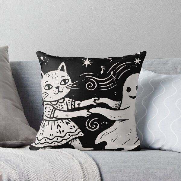 Item preview, Vintage Cat Dancing With Ghost Spooky Cute Halloween Linocut designed and sold by Cipher & Soul.