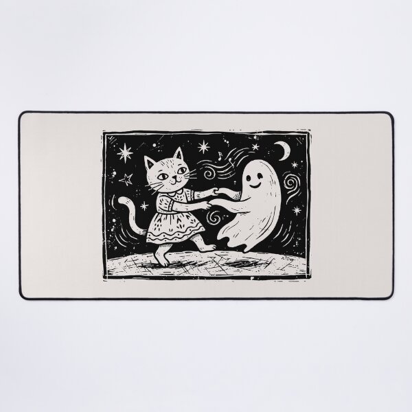Item preview, Vintage Cat Dancing With Ghost Spooky Cute Halloween Linocut designed and sold by Cipher & Soul.