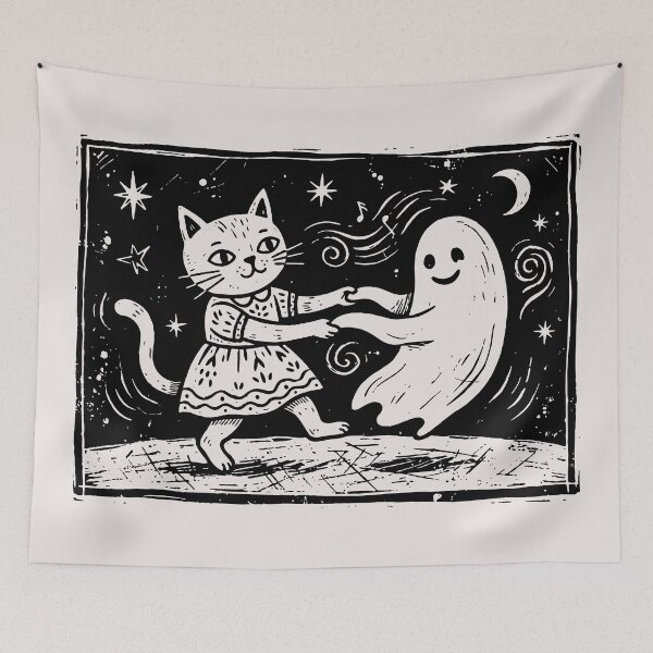Item preview, Vintage Cat Dancing With Ghost Spooky Cute Halloween Linocut designed and sold by Cipher & Soul.