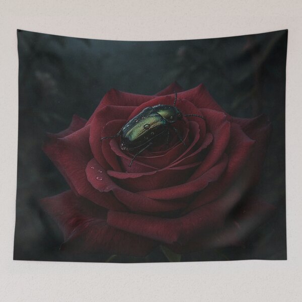Item preview, Gothic Emerald Beetle on a Dark Crimson Rose designed and sold by JanjjaSoulInk.