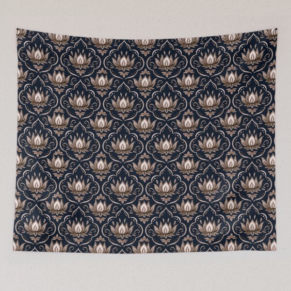 Item preview, Ornate Gold Lotus Damask Pattern on Dark Navy Blue designed and sold by Jyoti Digital Artist.
