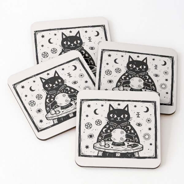 Item preview, Vintage Fortune Teller Cat Crystal Ball Occult Linocut Art designed and sold by Cipher & Soul.