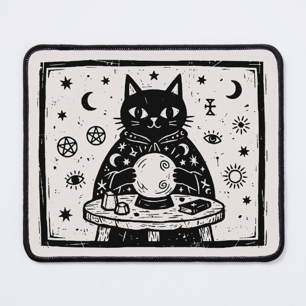 Item preview, Vintage Fortune Teller Cat Crystal Ball Occult Linocut Art designed and sold by Cipher & Soul.