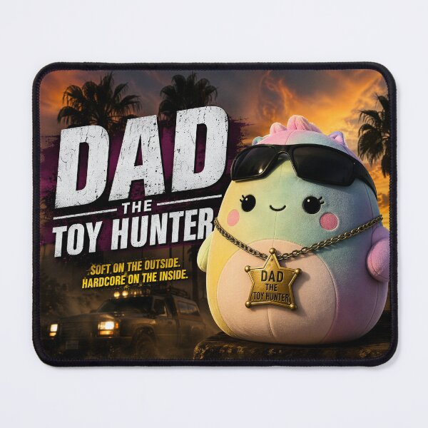 Item preview, DAD THE TOY HUNTER SQUISHY STUFFED ANIMAL This image is a promotional graphic, styled like a movie poster parody, featuring a plush toy character. designed and sold by EXPLOSIVE DESIGNS.