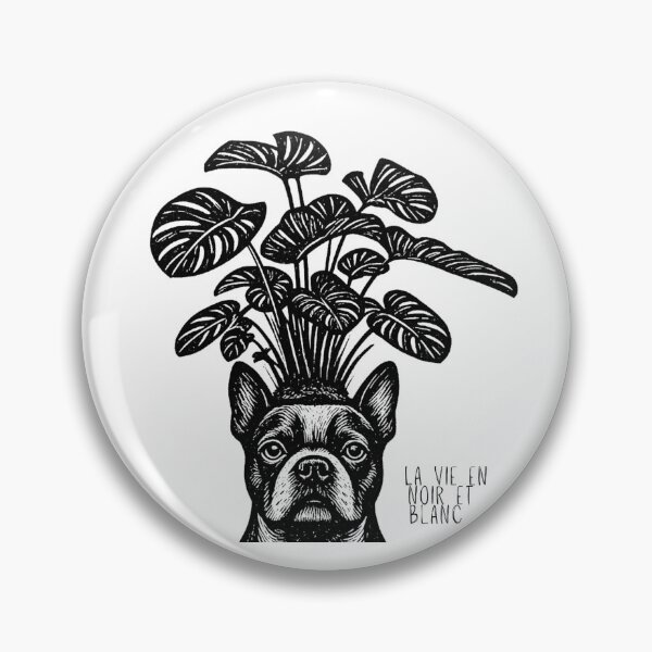 Item preview, Bostons & Botanicals Collection – Black and White Etching "La Vie" Boston Terrier and Tropical Plant designed and sold by Bossie Brand Apparel .