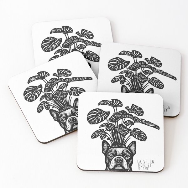 Item preview, Bostons & Botanicals Collection – Black and White Etching "La Vie" Boston Terrier and Tropical Plant designed and sold by Bossie Brand Apparel .