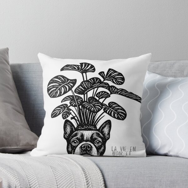 Item preview, Bostons & Botanicals Collection – Black and White Etching "La Vie" Boston Terrier and Tropical Plant designed and sold by Bossie Brand Apparel .
