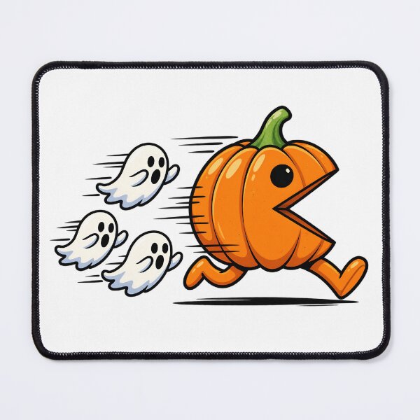 Item preview, HALLOWEEN PUMPKIN ON THE RUN AND GHOST A cartoon pumpkin styled like P-Man is running to the right while three small white ghosts chase it from behind. designed and sold by EXPLOSIVE DESIGNS.