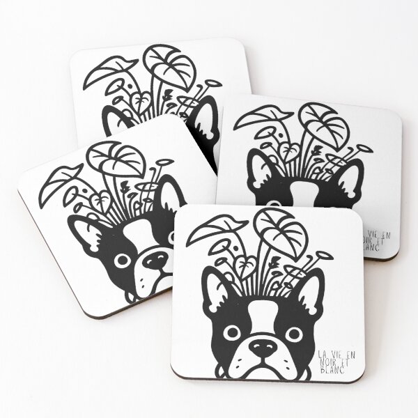 Item preview, Bostons & Botanicals Collection – Black and White Sketch "La Vie" Boston Terrier and Tropical Plants designed and sold by Bossie Brand Apparel .