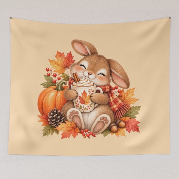 Item preview, Cozy Autumn Bunny with Pumpkin Spice Latte designed and sold by GusiaTreasures.