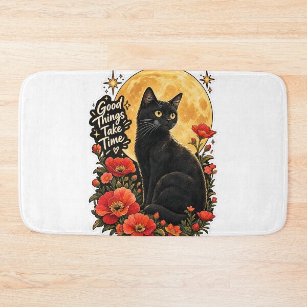 Item preview, Good Things Take Time Black Cat with Red Flowers and Full Moon Aesthetic Sticker designed and sold by PRIME4YOU.
